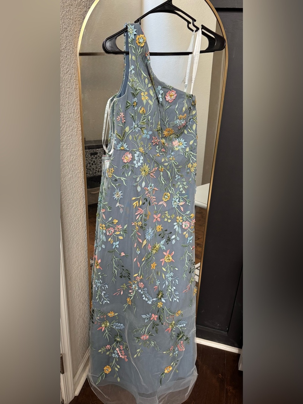 Azazie One-Shoulder Dusty Blue Floral Embroidered Gown - Picture 2 of 8